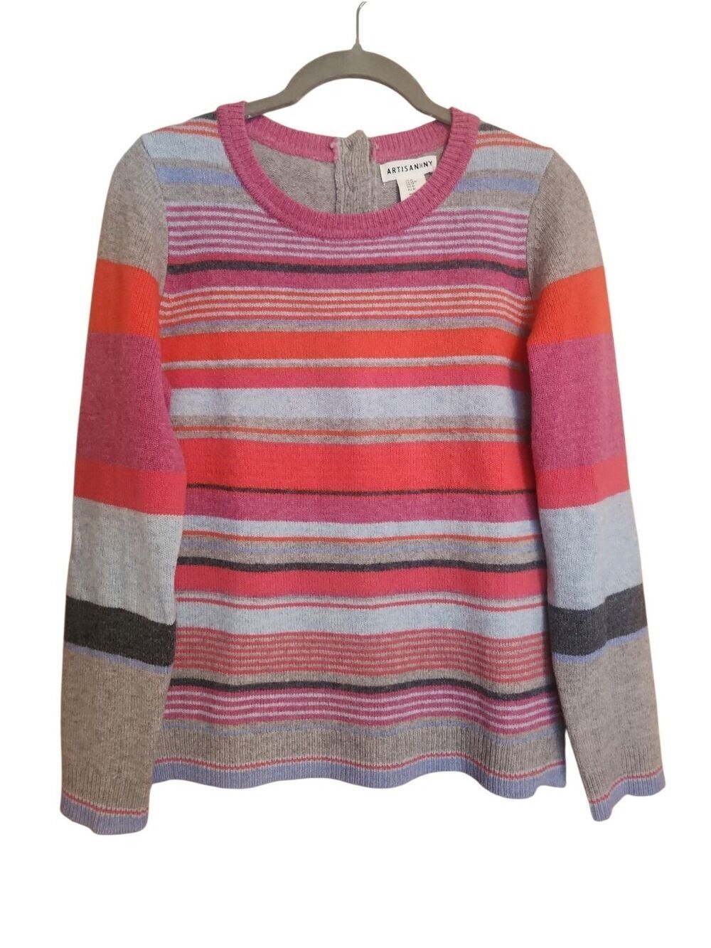 ARTISAN NY 100% EXTRA FINE MERINO WOOL STRIPED SWEATER BACK BUTTON MEDIUM